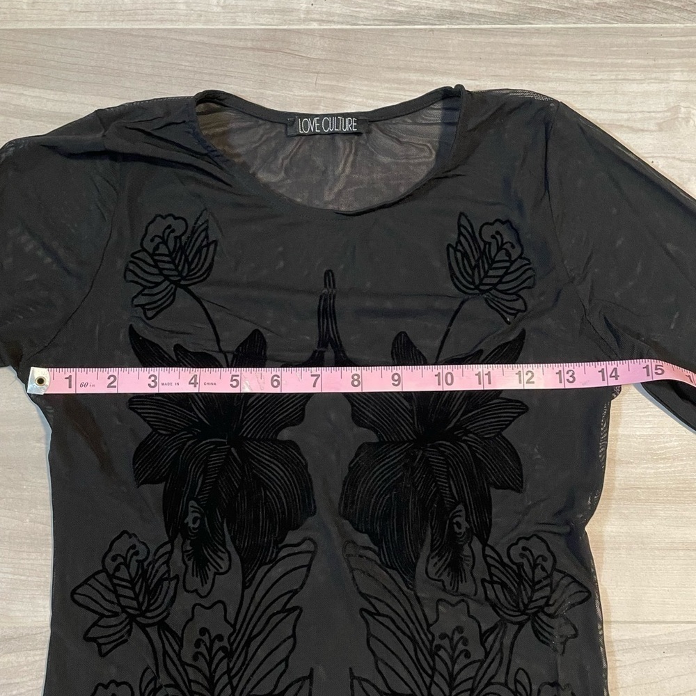 LOVE CULTURE Sheer Black Floral Long Sleeve Onesie -See Measurements - Picture 9 of 13